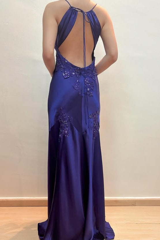 Green V-Neck Appliques Satin Mermaid Party Dress with Open Back