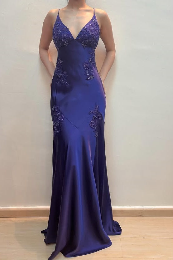 Green V-Neck Appliques Satin Mermaid Party Dress with Open Back