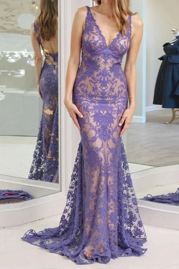 Purple V-Neck Backless Lace Mermaid Party Prom Dress With Train