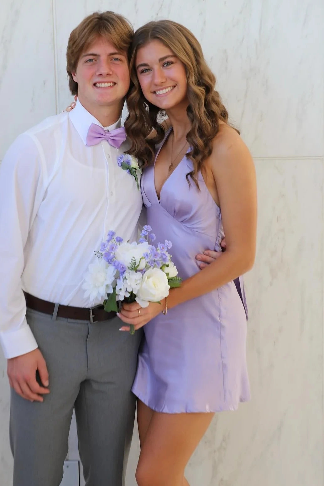 Purple V-Neck Halter Backless Satin A-Line Mini Homecoming Dress