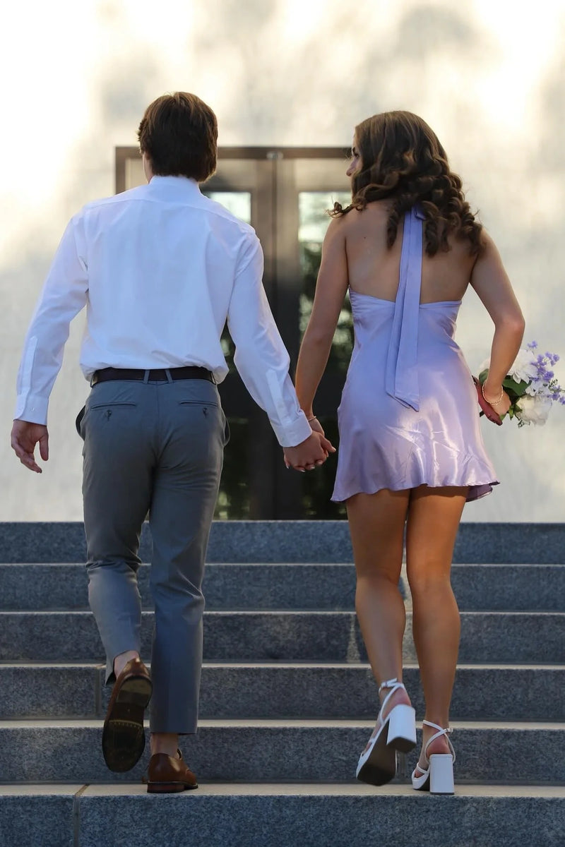 Purple V-Neck Halter Backless Satin A-Line Mini Homecoming Dress