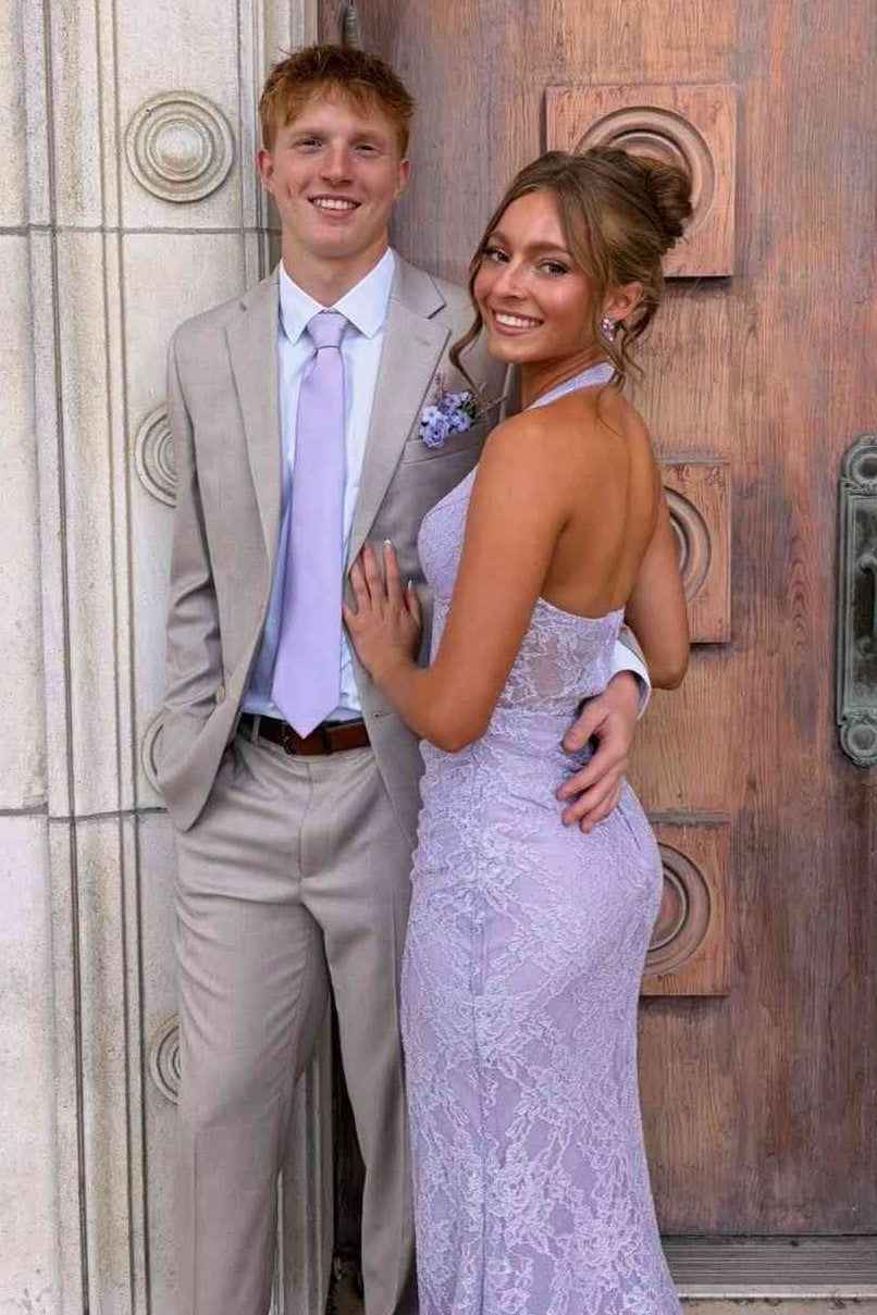Purple V-Neck Halter Lace Mermaid Party Prom Dress With Slit