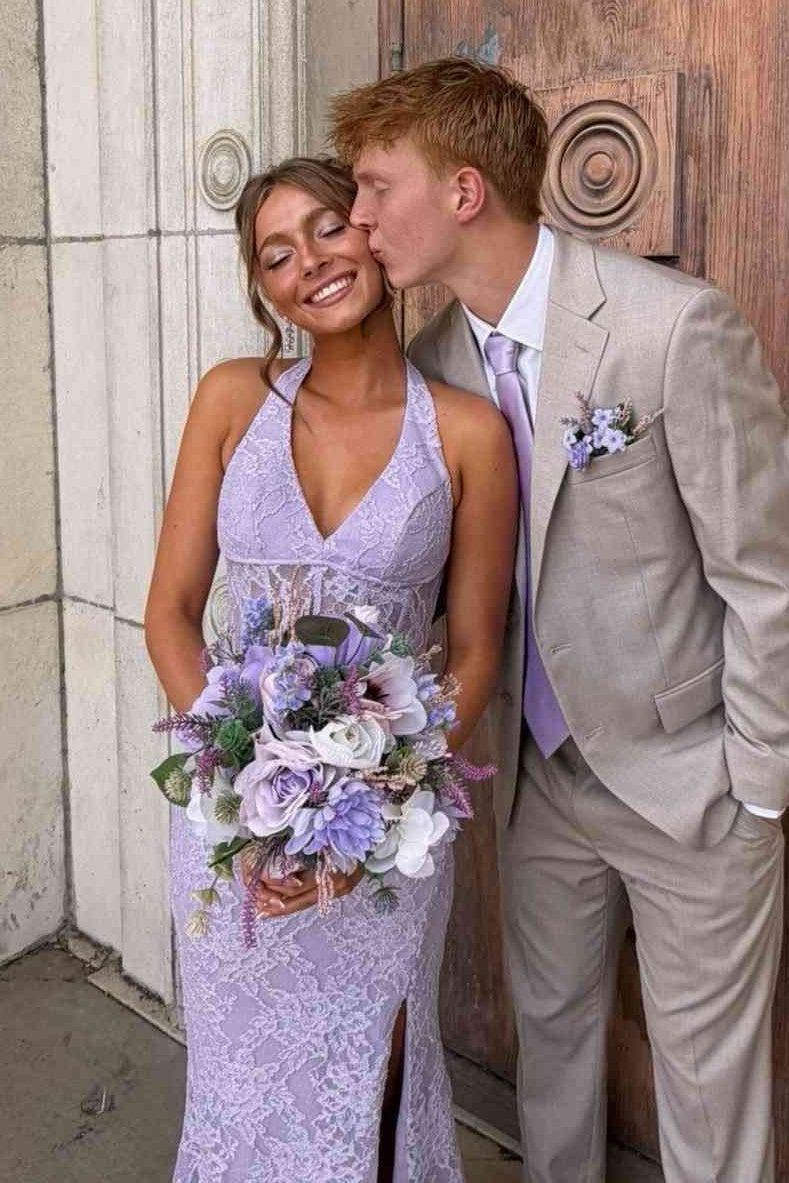 Purple V-Neck Halter Lace Mermaid Party Prom Dress With Slit