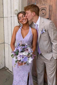 Purple V-Neck Halter Lace Mermaid Party Prom Dress With Slit