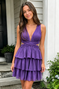Pluning V-Neck Pleated Cutout Ruffle Homecoming Dress
