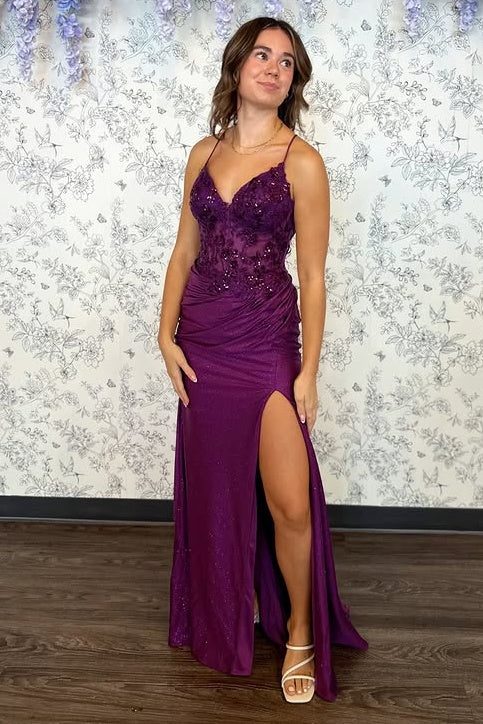Purple V-Neck Sleeveless Lace-Up Appliques Split Party Prom Dress