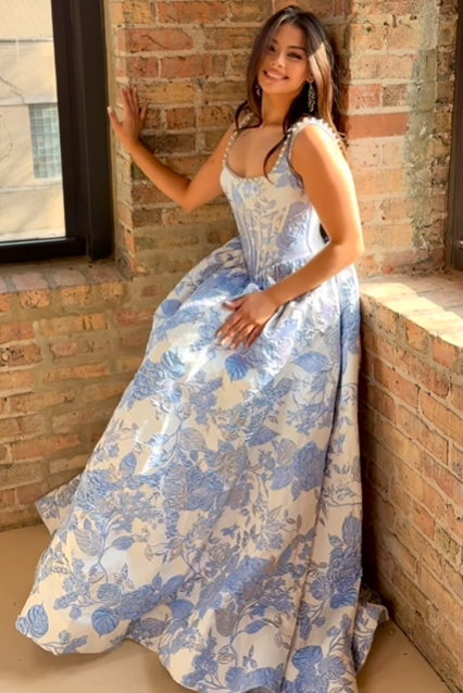 Pearls Bateau Straps Satin A-Line Empire Floral Party Prom Dress