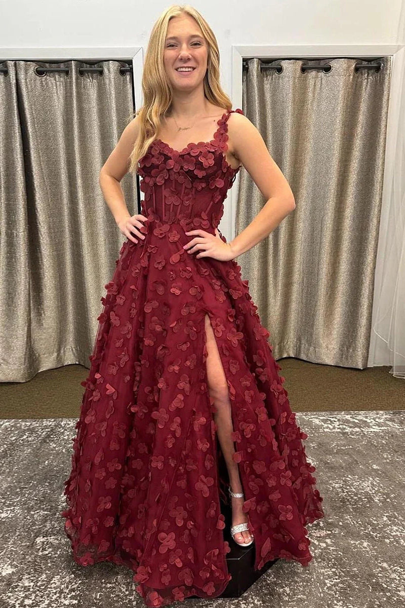 Red A-Line Empire Sleeveless 3D Floral Party Prom Dress With Leg Slit