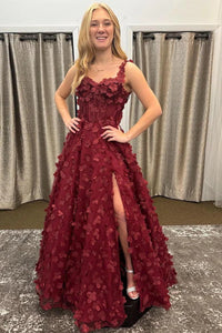 Red A-Line Empire Sleeveless 3D Floral Party Prom Dress With Leg Slit