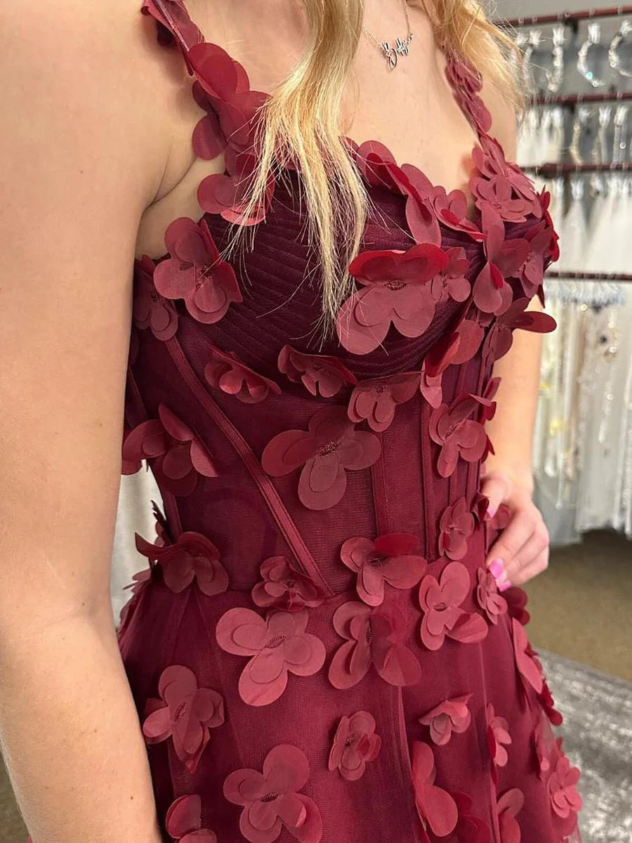 Red A-Line Empire Sleeveless 3D Floral Party Prom Dress With Leg Slit