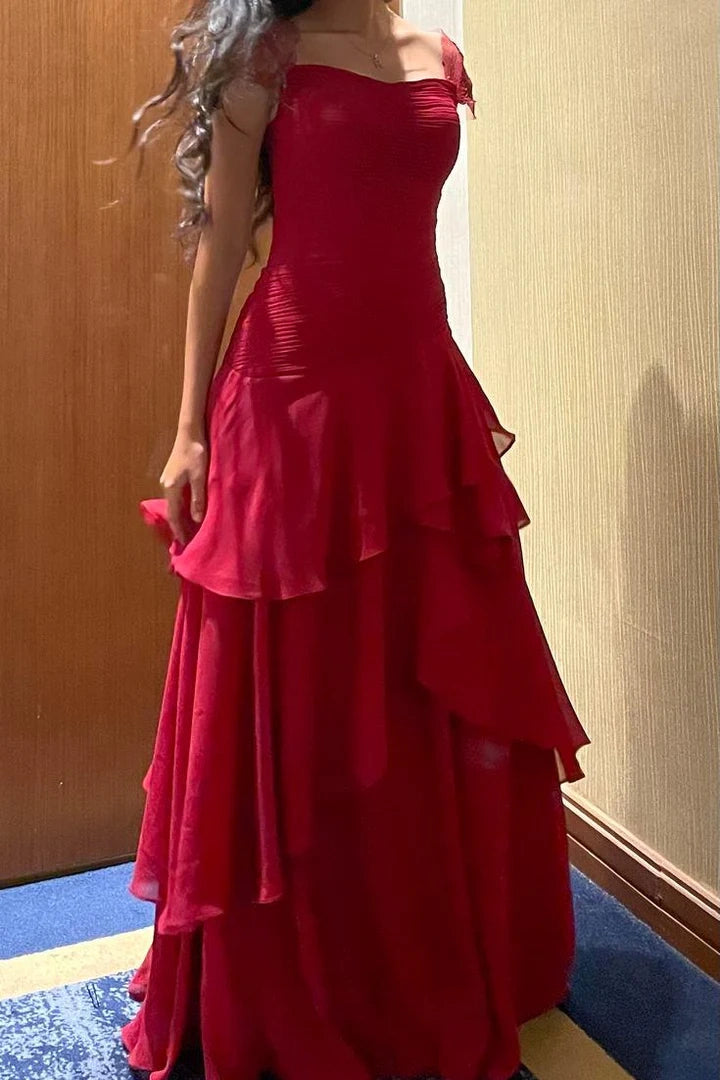 Red Chiffon A-Line Tiered Straps Maxi Party Prom Dress