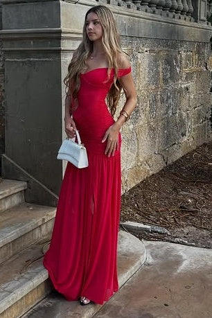 Red Off-Shoulder Sleeveless Chiffon A-Line Party Prom Dress