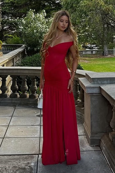 Red Off-Shoulder Sleeveless Chiffon A-Line Party Prom Dress