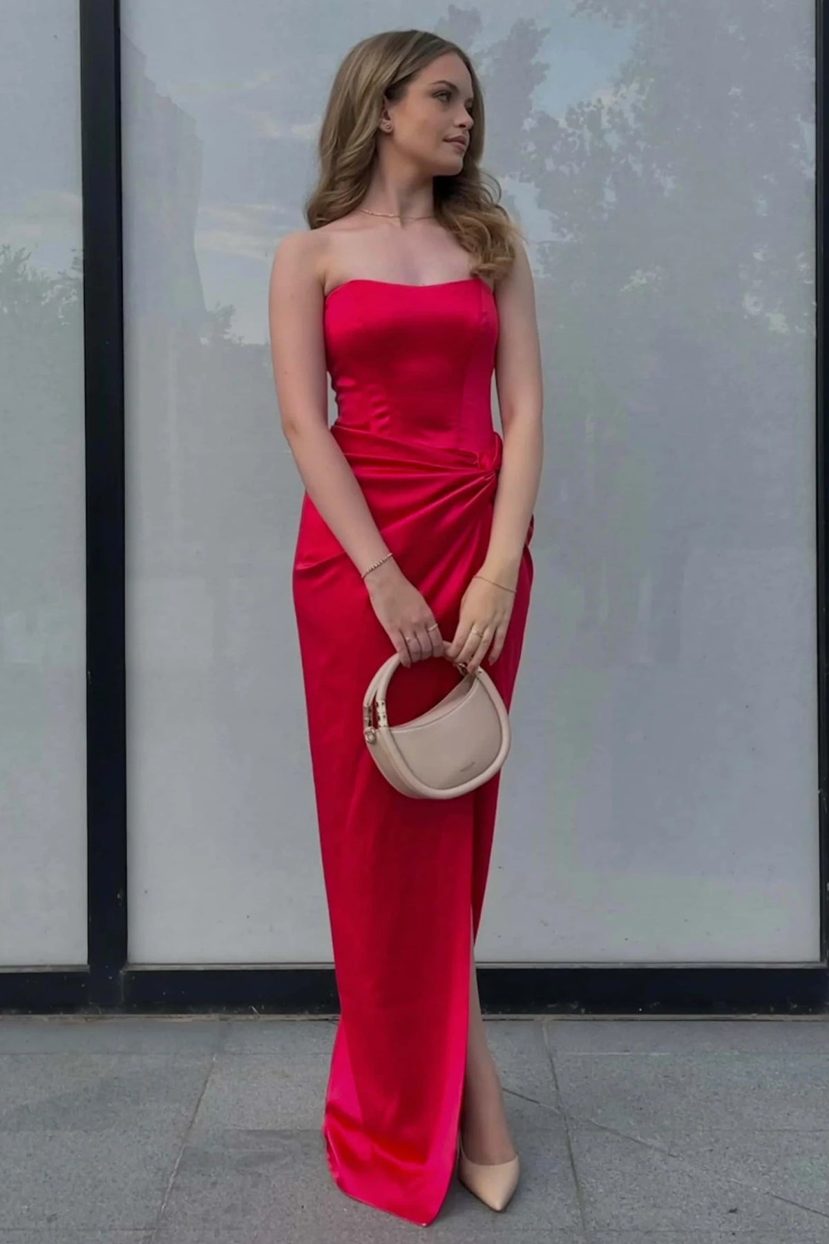Red Satin Fitted Strapless Ruched Empire Split Prom Evening Dress