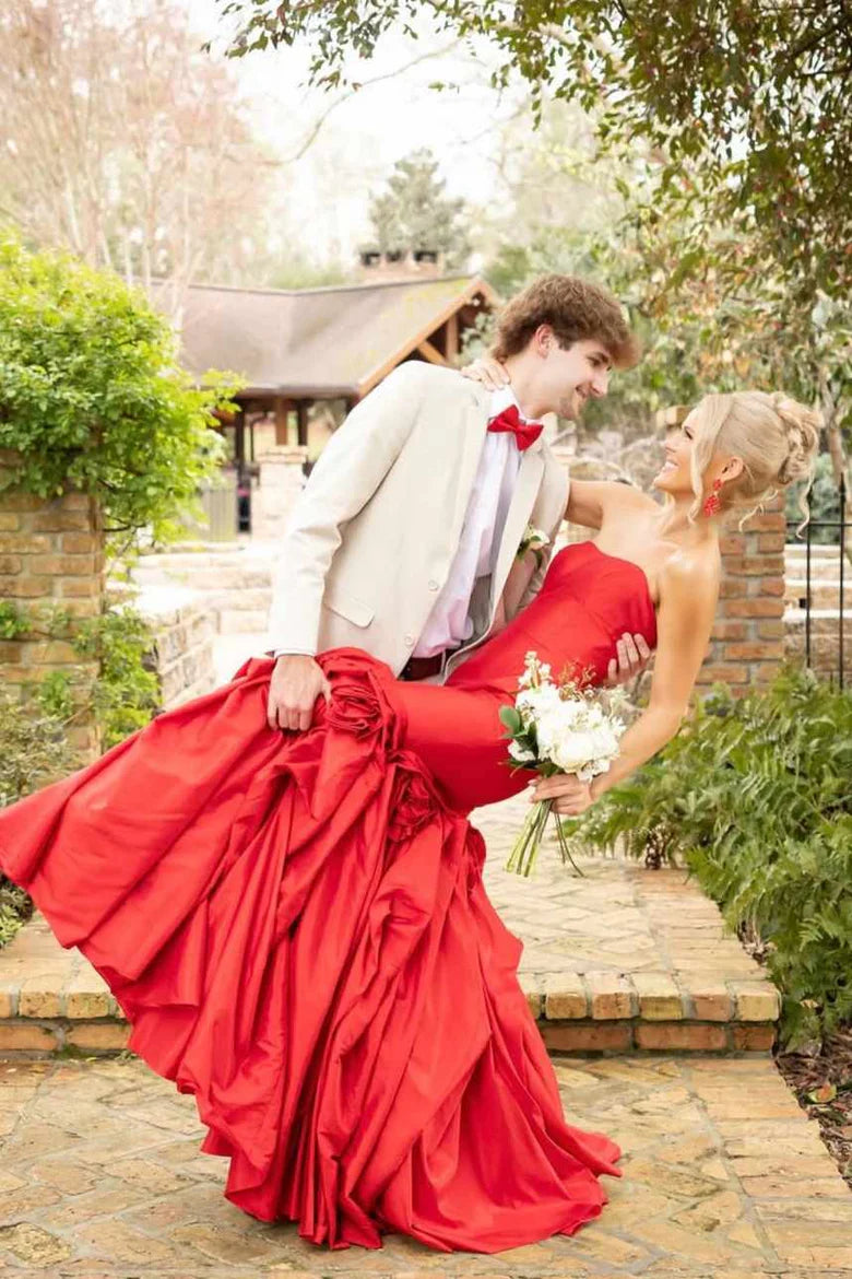 Red Satin Mermaid Strapless Backless Floral Party Prom Dress