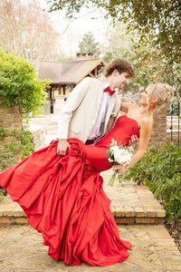 Red Satin Mermaid Strapless Backless Floral Party Prom Dress