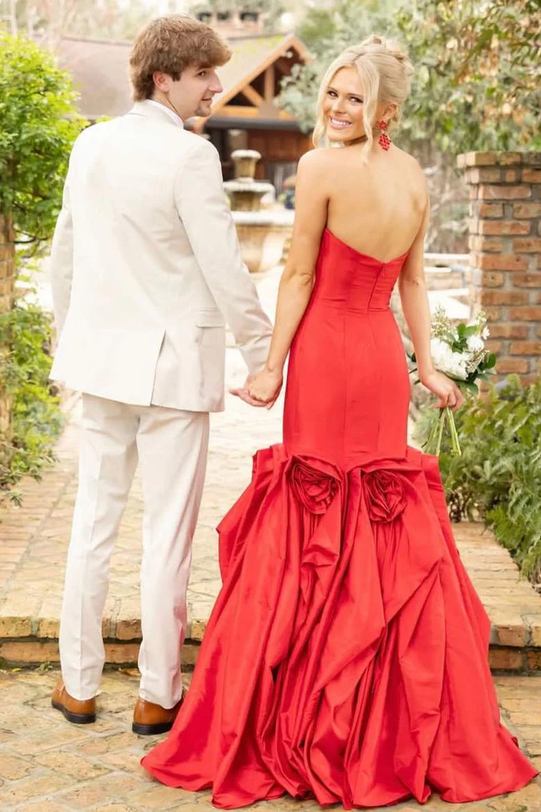 Red Satin Mermaid Strapless Backless Floral Party Prom Dress