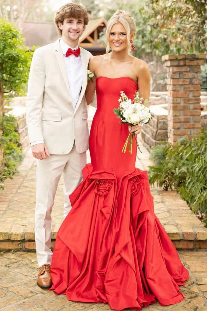 Red Satin Mermaid Strapless Backless Floral Party Prom Dress
