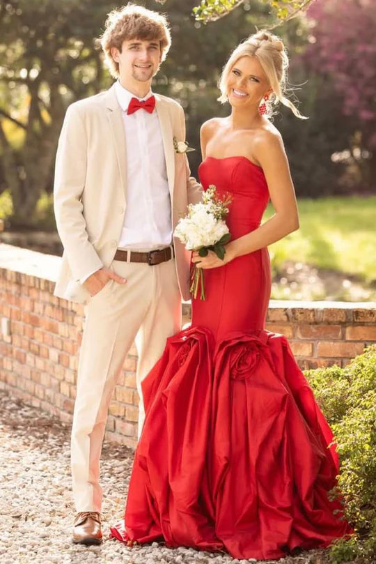 Red Satin Mermaid Strapless Backless Floral Party Prom Dress