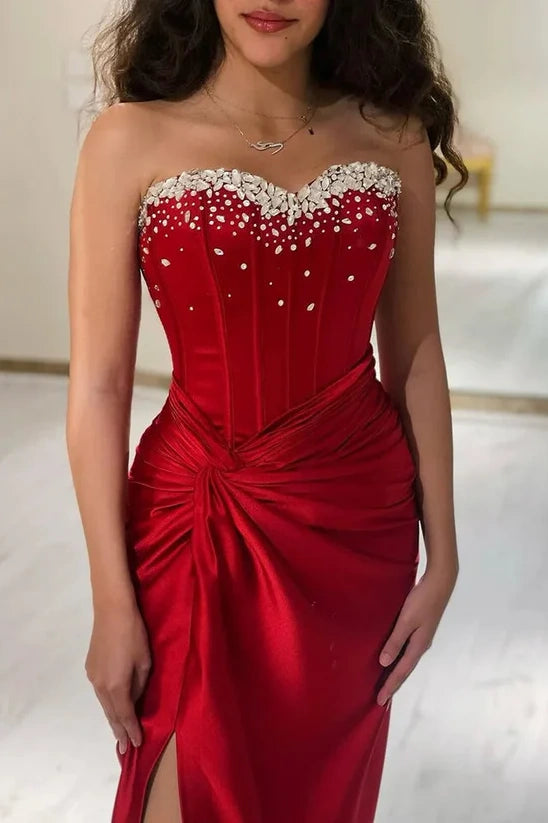 Red Satin Ruched Empire Beaded Strapless Mermaid Party Prom Dress
