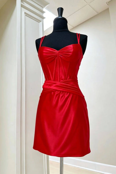 Red Satin Straps Sheath Open Back Mini Homecoming Dress