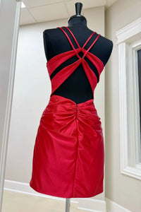 Red Satin Straps Sheath Open Back Mini Homecoming Dress