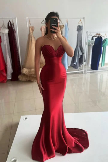 Red Satin Trumpet Sweetheart High Waist Prom Evening Dress