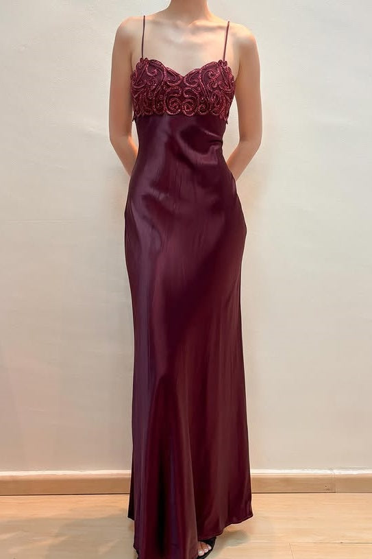 Red Spaghetti Straps Satin Lace Appliques Party Prom Dress