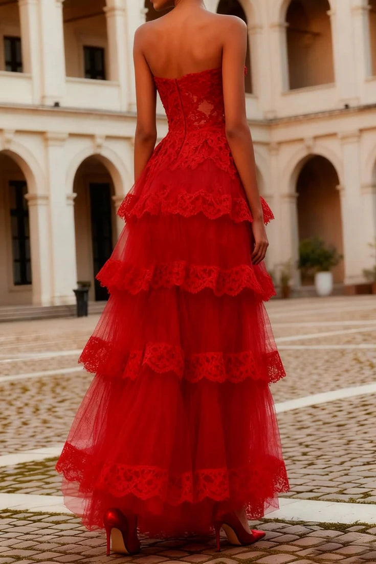 Red Strapless Empire A-Line Tiered Lace Party Prom Dress
