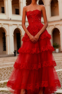 Red Strapless Empire A-Line Tiered Lace Party Prom Dress