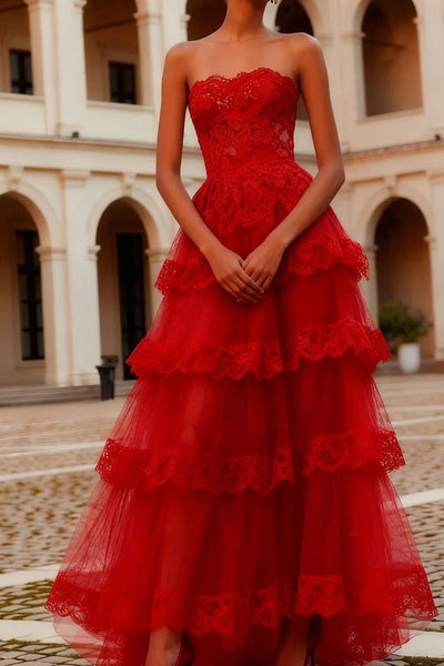 Red Strapless Empire A-Line Tiered Lace Party Prom Dress