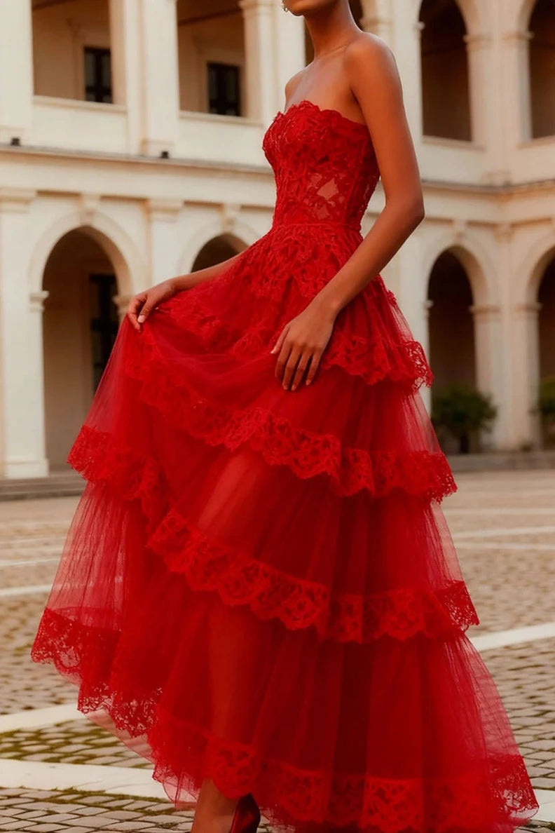 Red Strapless Empire A-Line Tiered Lace Party Prom Dress