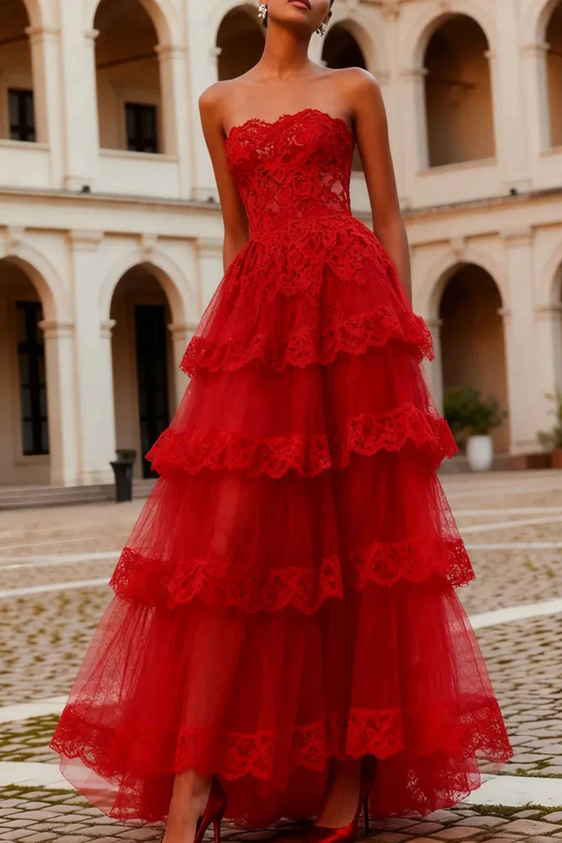 Red Strapless Empire A-Line Tiered Lace Party Prom Dress