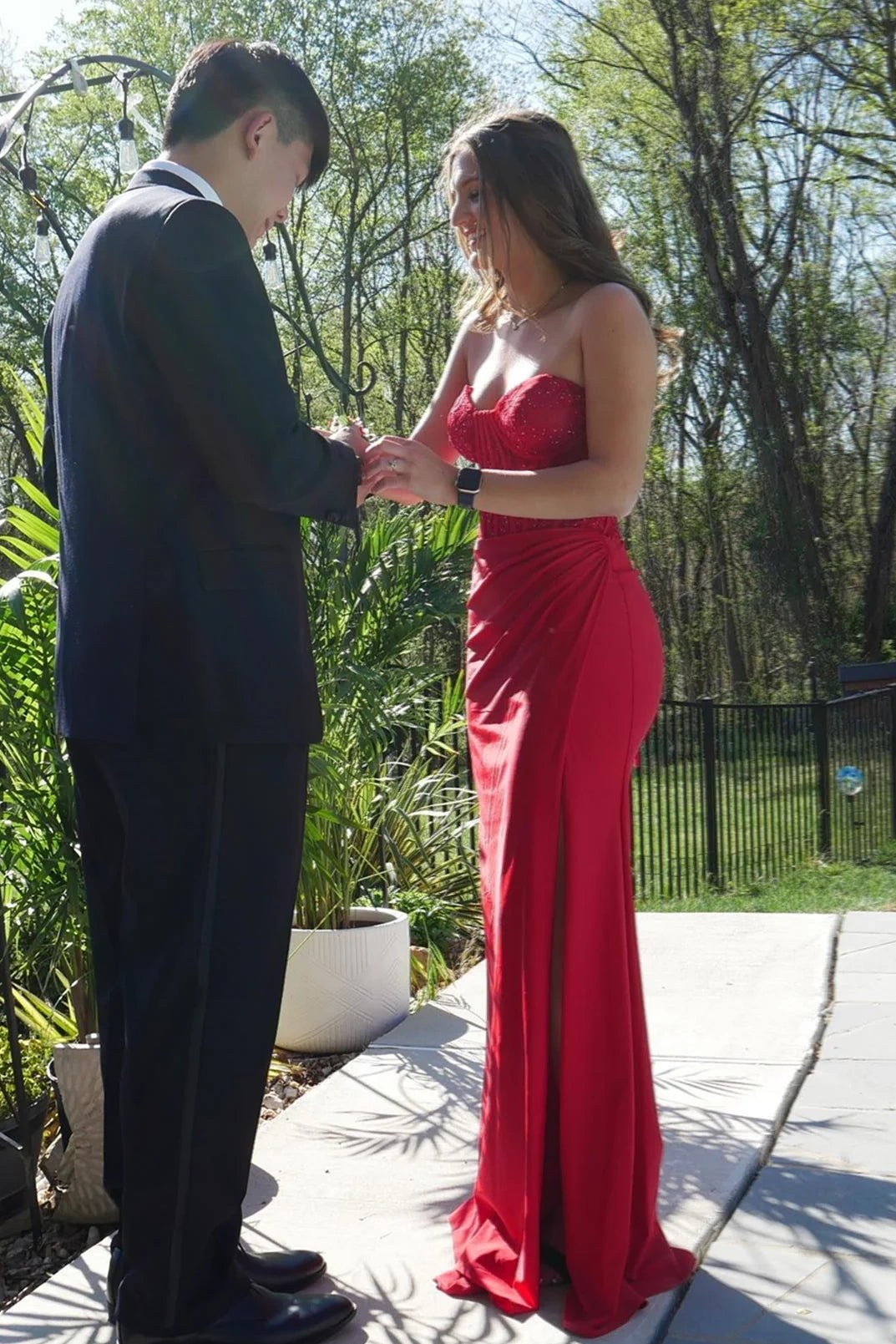 Red Sweetheart Strapless Lace And Satin Leg Slit Party Prom Dress