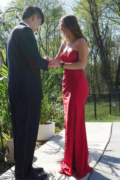 Red Sweetheart Strapless Lace And Satin Leg Slit Party Prom Dress