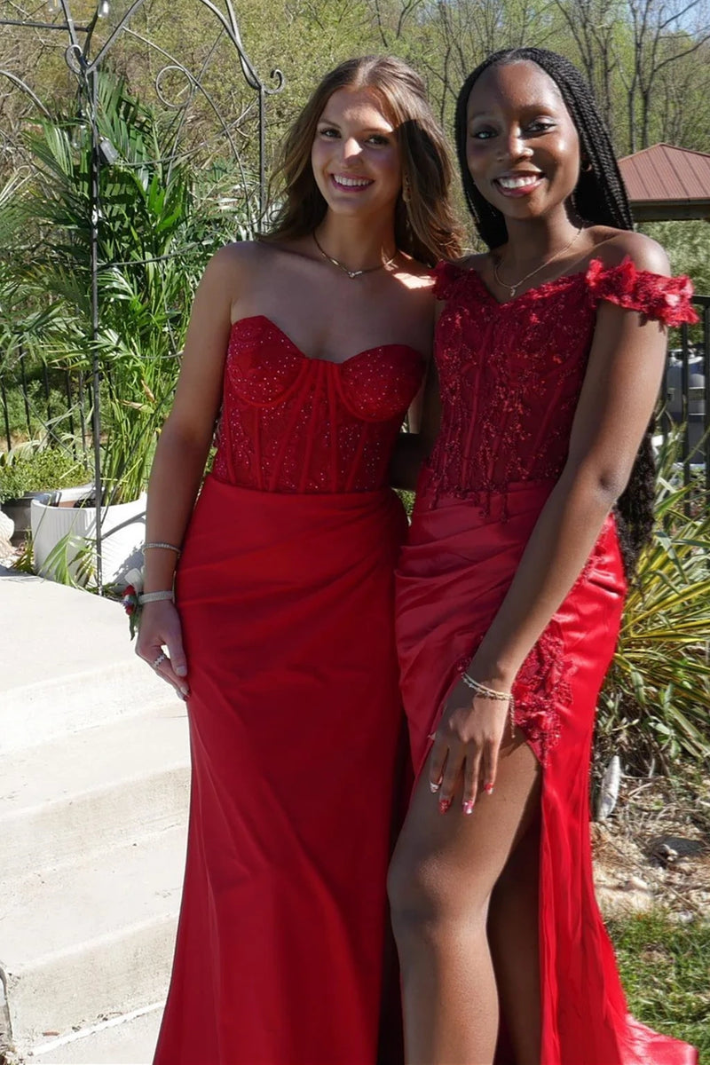 Red Sweetheart Strapless Lace And Satin Leg Slit Party Prom Dress