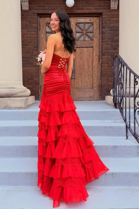 Red V-Neck Strapless Pleated Tiered Party Prom Dress With Leg Slit 
