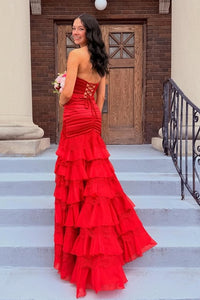 Red V-Neck Strapless Pleated Tiered Party Prom Dress With Leg Slit 