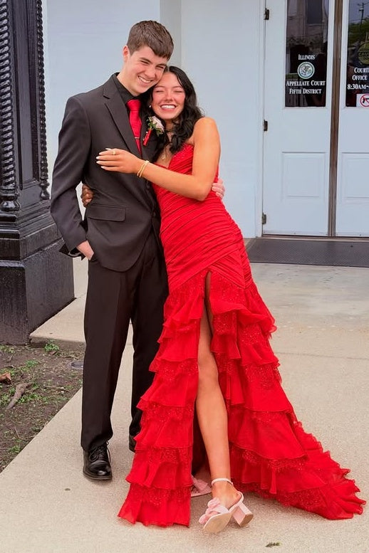 Red V-Neck Strapless Pleated Tiered Party Prom Dress With Leg Slit 