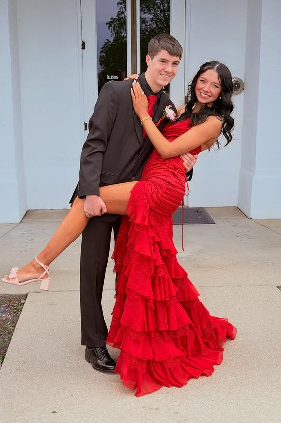 Red V-Neck Strapless Pleated Tiered Party Prom Dress With Leg Slit 