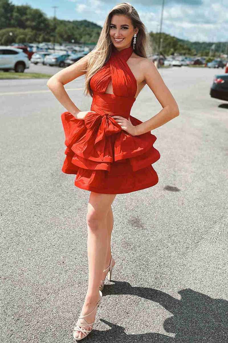 A-Line Red Halter Ruffle Short Party Dress FancyVestido A-Line Red Halter Ruffle Short Party Dress FancyVestido