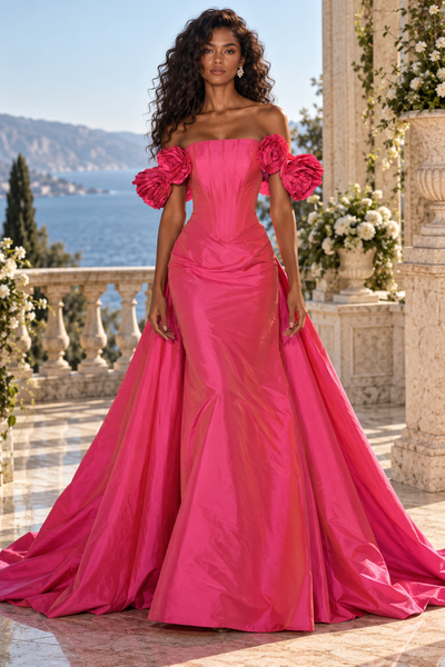 Romantic Floral Off-Shoulder Satin Mermaid Formal Party Prom Dress With Train