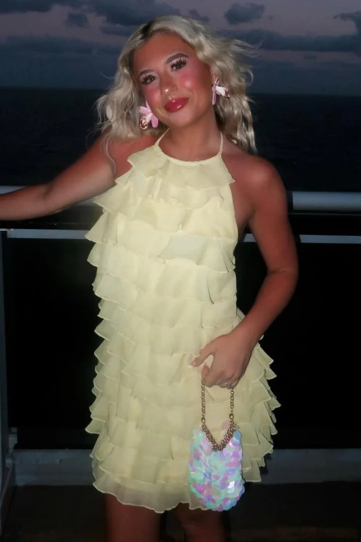 Round Halter Backless Chiffon Tiered Fitted Homecoming Dress