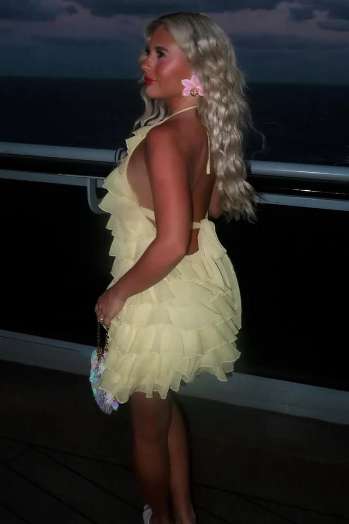 Round Halter Backless Chiffon Tiered Fitted Homecoming Dress