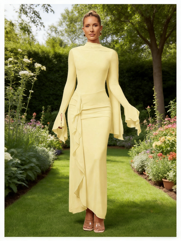 Round Long Sleeves Empire Chiffon Ruffle Party Prom Dress