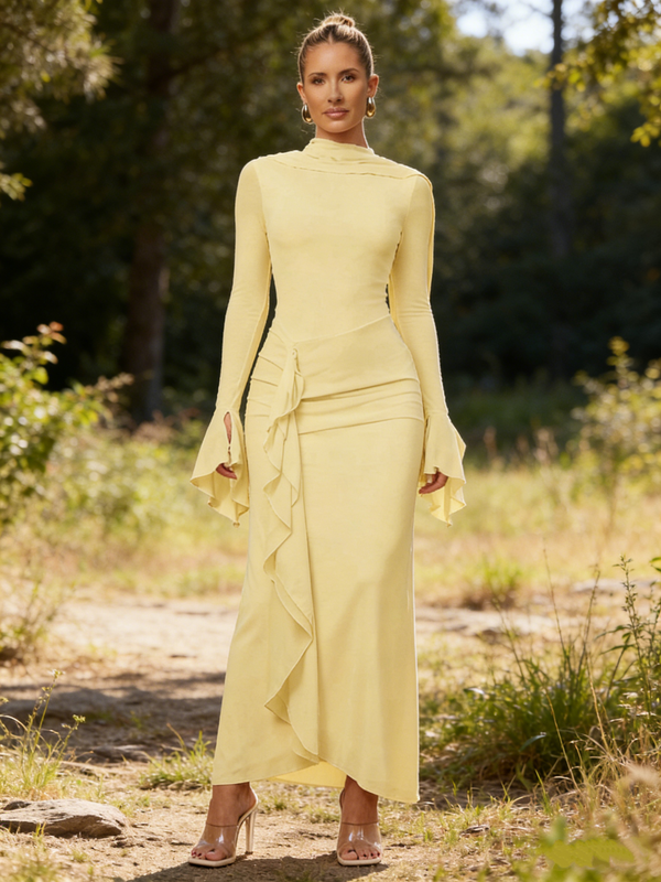 Round Long Sleeves Empire Chiffon Ruffle Party Prom Dress