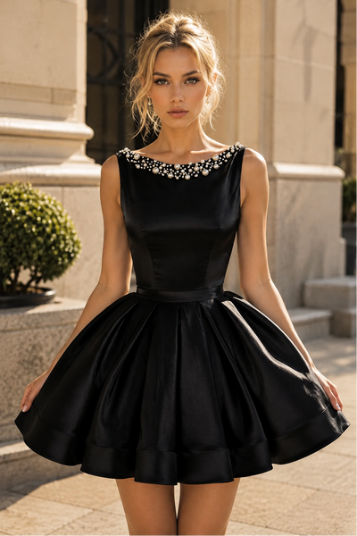 Round Neckline Sleeveless A-Line Satin Black Party Homecoming Dress