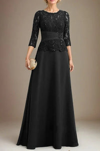 Round Quarter Sleeves Satin Lace Mother Of The Bride Dress