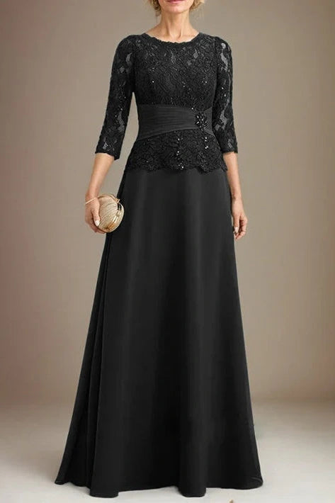 Round Quarter Sleeves Satin Lace Mother Of The Bride Dress