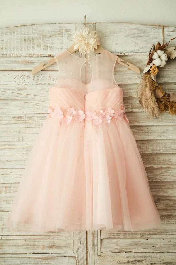 Round Sleeveless Floral Appliques Tulle A-Line Flower Girl Dress